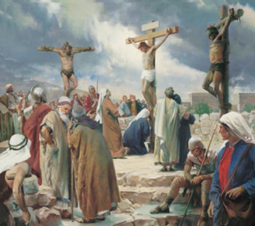 Stretched on the cross the Saviour dies Hark His