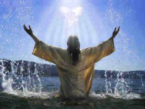 Jesus emerging from the stream Now lifts++.
